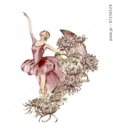 Watercolor dancing pink pretty ballerina with flowers and moon. Watercolor hand drawn illustration. Can be used for cards or posters. With white isolated background. Young pretty ballerina women. Watercolor dancing pink pretty ballerina with flowers and moon. Watercolor hand drawn illustration. Can be used for cards or posters. With white isolated background. Young pretty ballerina women. 97256529