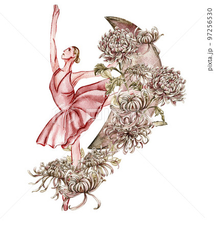 Watercolor dancing pink pretty ballerina with flowers and moon. Watercolor hand drawn illustration. Can be used for cards or posters. With white isolated background. Young pretty ballerina women. Watercolor dancing pink pretty ballerina with flowers and moon. Watercolor hand drawn illustration. Can be used for cards or posters. With white isolated background. Young pretty ballerina women. 97256530