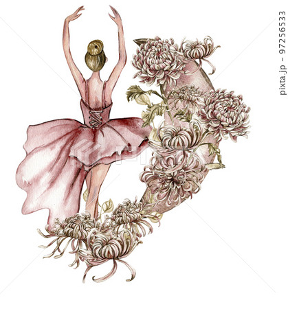 Watercolor dancing pink pretty ballerina with flowers and moon. Watercolor hand drawn illustration. Can be used for cards or posters. With white isolated background. Young  pretty ballerina women. 97256533