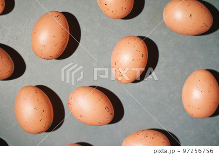 Eggs set. Many food protein. Colorful bright on background. Hard shadow. Easter 97256756