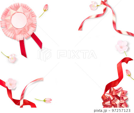 薄いピンク色のかわいい桜と折り紙の輪っか飾りとメダルー白バックフレーム背景素材 97257123