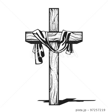 Cross with canvas, crucifix with hanging down fabric, resurrection after crucifixion of Jesus, christianity symbol, vector Cross with canvas, crucifix with hanging down fabric, resurrection after crucifixion of Jesus, christianity symbol, vector 97257219