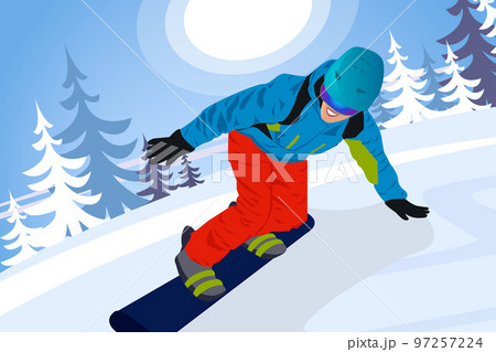 Poster in the forest man on a snowboard. Beautiful landscape of winter mountain sports. Postcard background winter. 97257224