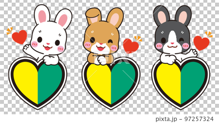 ハート型の初心者マークと可愛いうさぎ達 97257324