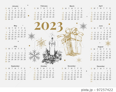 2023 Calendar year vector illustration. The week starts on Sunday. Christmas snowflakes calendar 2023 template. Calendar design Sunday in red colors. Vector 97257422