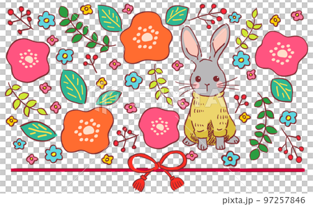 手繪兔子和花插畫素材 97257846