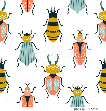 Multicolored bugs on a white background in art deco style.  97258309