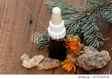 Aromatic resin and calendula oil, medicinal oil in a pharmaceutical bottle Aromatic resin and calendula oil, medicinal oil in a pharmaceutical bottle 97258318