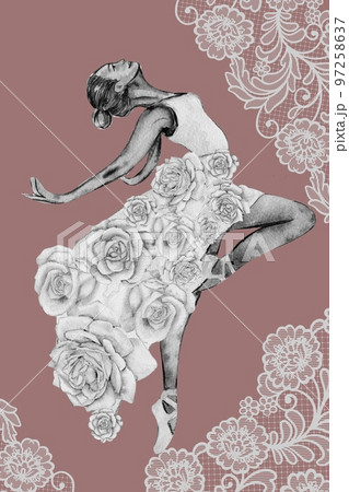 Hand drawn watercolor card template dancing ballerina with flower and lace. Pink pretty ballerina. Watercolor hand drawn illustration. Pictures for poster, invitation, postcard, background and posters 97258637