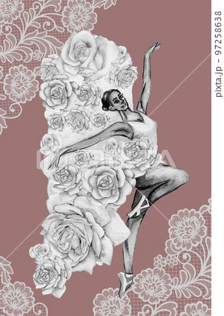 Hand drawn watercolor card template dancing ballerina with flower and lace. Pink pretty ballerina. Watercolor hand drawn illustration. Pictures for poster, invitation, postcard, background and posters 97258638