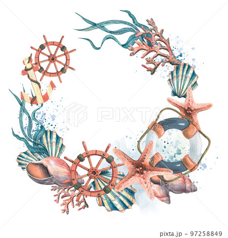A round frame, a wreath with marine inhabitants, a steering wheel, an anchor and a lifebuoy. Watercolor illustration. Template preparation from the MARINE SYMPHONY collection. For design 97258849