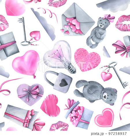 Gifts, boxes, bow, toy bears, clouds, kisses, hearts on a white background. Watercolor illustration. Seamless pattern from the VALENTINE'S DAY collection. For decoration and design 97258937