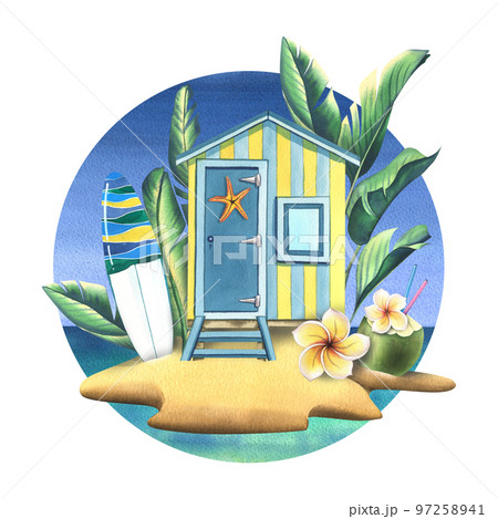 Wooden beach house on an island with tropical leaves, surfboard, coconut cocktail, plumeria flower and starfish. Watercolor illustration. Composition on a white background from the SURFING collection 97258941