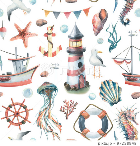 Seamless pattern with marine underwater inhabitants, a lighthouse and a boat. Watercolor illustration on a white background from the SYMPHONY OF THE SEA collection. 97258948