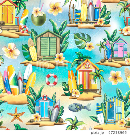 Surfboards, wooden beach houses, tropical plants and flowers. Watercolor illustration. Seamless pattern on a turquoise background from the SURFING collection. For fabric, wallpaper, design, decoration 97258966
