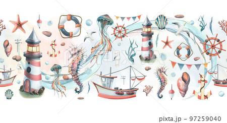 Seamless board with marine underwater inhabitants, a lighthouse and a boat. Watercolor illustration on a white background with washes from the SYMPHONY OF THE SEA collection. Seamless board with marine underwater inhabitants, a lighthouse and a boat. Watercolor illustration on a white background with washes from the SYMPHONY OF THE SEA collection. 97259040