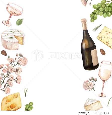Watercolor wine and cheese template. Hand draw background with food objects. White wine bottle and glass, green grapes, cheese. Concept for wine list, label, banner, menu, flyer, brochure 97259174