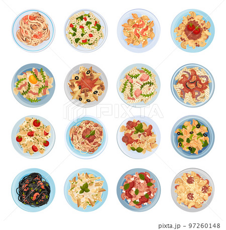Pasta Dish Italian Cuisine for Restaurant Menu Served on Plate Big Vector Set Pasta Dish Italian Cuisine for Restaurant Menu Served on Plate Big Vector Set 97260148