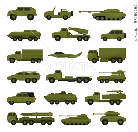 Military Special Transport of Khaki Color as Army Vehicle Big Vector Set 97260269