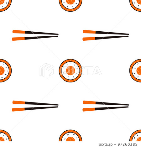 Seamless pattern with sushi and chopsticks. Hand drawn vector background with traditional Japanese cuisine 97260385