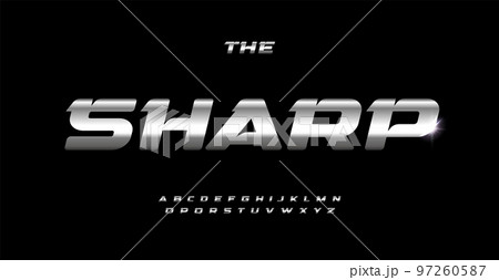 Metal sharped font, dynamic edgy letters, metallic texture typeset. Shiny steel bold italic alphabet, aluminum type. Vector gray gradient typographic design 97260587
