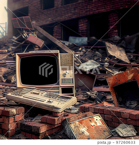 An old computer lying on the ruins of a house. A post-apocalyptic ruined city. Destroyed buildings, mountains of rubble and debris. The concept of the apocalypse. Generative AI An old computer lying on the ruins of a house. A post-apocalyptic ruined city. Destroyed buildings, mountains of rubble and debris. The concept of the apocalypse. Generative AI 97260633