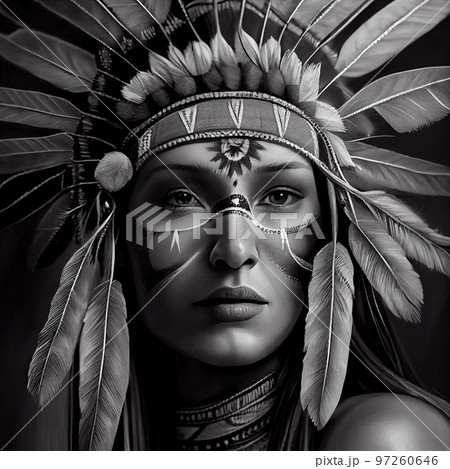 Portrait of a fictional Indian woman. An ancient Indian female hunter. Generative AI 97260646