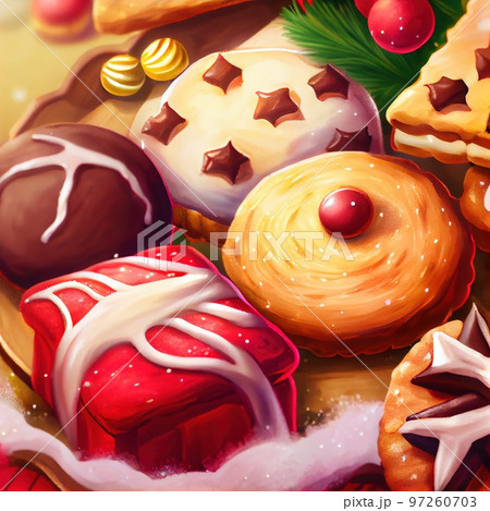 Delicious homemade Christmas cookies and other Christmas treats, close-up view. Generative AI 97260703