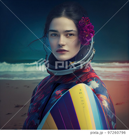 An astronaut with a surfboard. A high-tech astronaut from the future. The concept of space travel. Generative AI 97260796