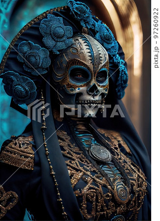 A beautiful Mexican woman in a mariachi costume, wearing a hat and with a drawing of a skull on her face. Mexican holiday concept. Generative AI 97260922