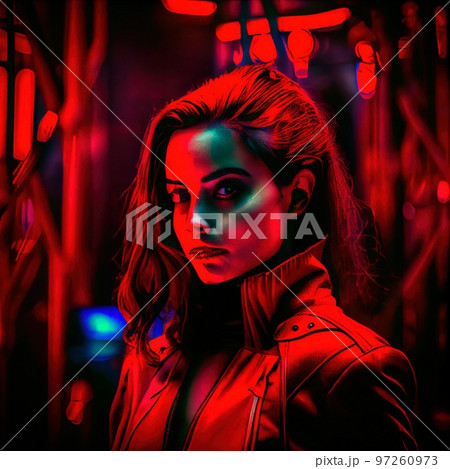 Portrait of a sci-fi cyberpunk girl. High-tech futuristic woman from the future. The concept of virtual reality and cyberpunk. Generative AI. 97260973