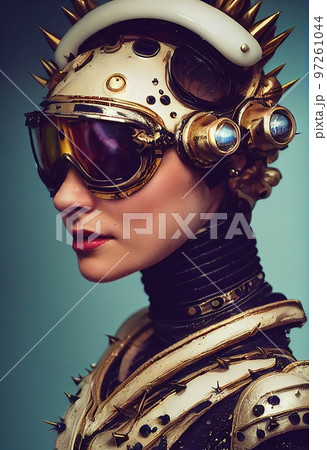 Abstract portrait of a fantasy astronaut. High-tech futuristic man. Concept of virtual reality and steampunk. Generative AI. 97261044