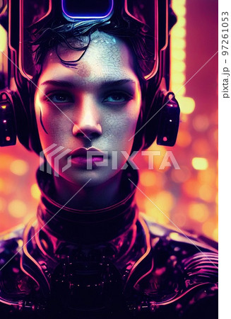 Portrait of a sci-fi cyberpunk man. High-tech futuristic man from the future. The concept of virtual reality and cyberpunk. Generative AI. Portrait of a sci-fi cyberpunk man. High-tech futuristic man from the future. The concept of virtual reality and cyberpunk. Generative AI. 97261053