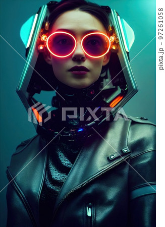 Portrait of a sci-fi cyberpunk girl. High-tech futuristic woman from the future. The concept of virtual reality and cyberpunk. Generative AI. Portrait of a sci-fi cyberpunk girl. High-tech futuristic woman from the future. The concept of virtual reality and cyberpunk. Generative AI. 97261058