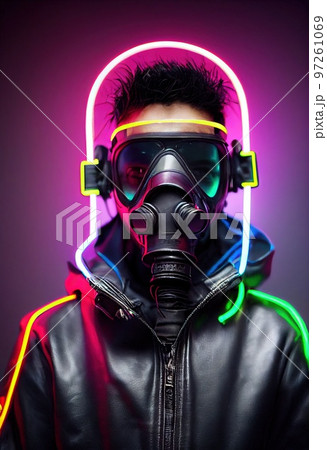 Portrait of a surviving stalker in an gas mask against an apocalyptic background. Survivor of nuclear war. The concept of the post-apocalypse. Generative AI 97261069