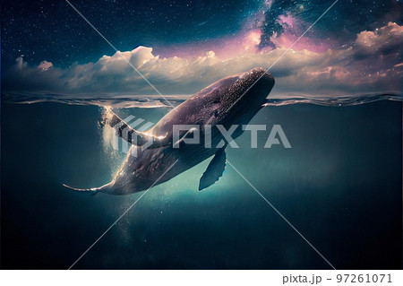 A beautiful Humpback whale is swimming in the ocean. A whale in its native element. Generative AI. 97261071
