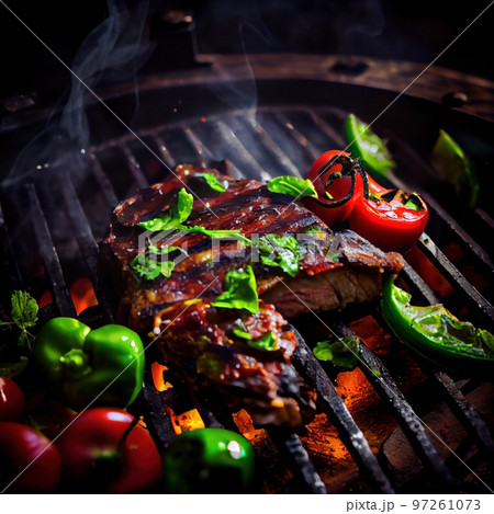 Barbecue beef ribs with tomatoes and green peppers. Generative AI. 97261073