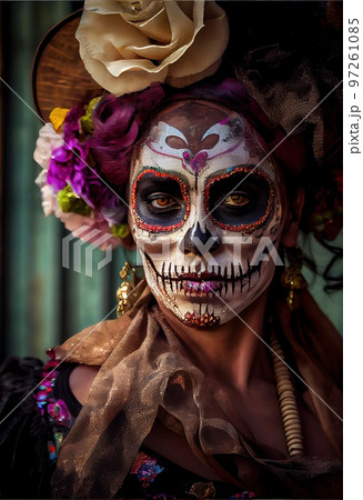 A beautiful Mexican woman in a mariachi costume, wearing a hat and with a drawing of a skull on her face. Mexican holiday concept. Generative AI 97261085