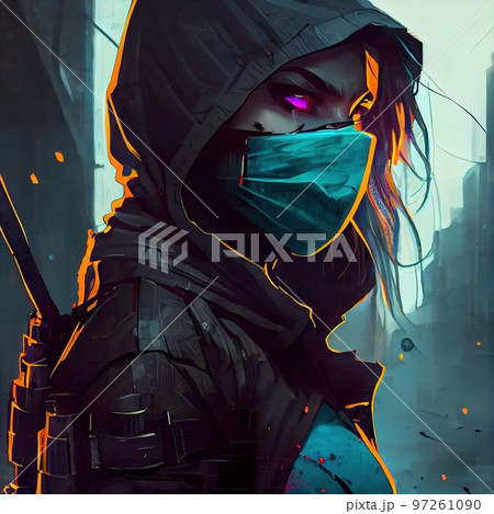 Portrait of a sci-fi cyberpunk girl. High-tech futuristic woman from the future. The concept of virtual reality and cyberpunk. Generative AI. Portrait of a sci-fi cyberpunk girl. High-tech futuristic woman from the future. The concept of virtual reality and cyberpunk. Generative AI. 97261090