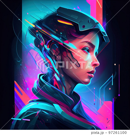 Portrait of a sci-fi cyberpunk girl. High-tech futuristic woman from the future. The concept of virtual reality and cyberpunk. Generative AI. 97261100