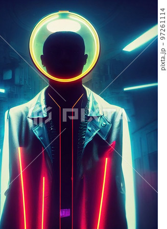 Portrait of a sci-fi cyberpunk man. High-tech futuristic man from the future. The concept of virtual reality and cyberpunk. Generative AI. 97261114