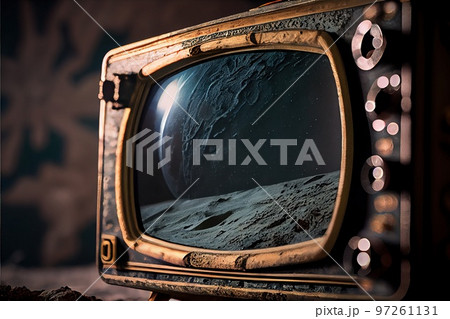 An old TV lying on the ruins of a house. A post-apocalyptic ruined city. Destroyed buildings, mountains of rubble and debris. The concept of the apocalypse. Generative AI 97261131