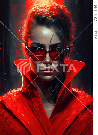 Portrait of a sci-fi cyberpunk girl. High-tech futuristic woman from the future. The concept of virtual reality and cyberpunk. Generative AI. Portrait of a sci-fi cyberpunk girl. High-tech futuristic woman from the future. The concept of virtual reality and cyberpunk. Generative AI. 97261144