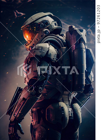 Portrait of an fictional astronaut in a spacesuit. High-tech astronaut from the future. The concept of space travel. Generative AI 97261203