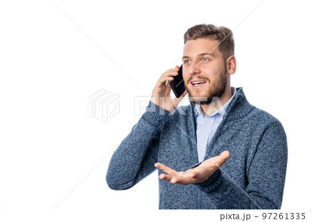 Man is sweater chatting Man is sweater chatting 97261335