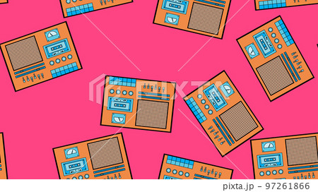 Seamless pattern endless with music audio cassette old retro tape recorders vintage hipster from 70s, 80s, 90s isolated on purple background. Vector illustration 97261866