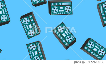 Seamless pattern endless with music audio cassette old retro tape recorders vintage hipster from 70s, 80s, 90s isolated on blue background. Vector illustration 97261867