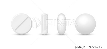 Vector 3d Realistic White Pharmaceutical Medical Pill, Capsule, Tablet Icon Set Isolated on White Background. Front View. Medical Concept 97262170