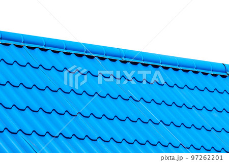 Blue tiles of the roof of a house or building against the white isolated background 97262201