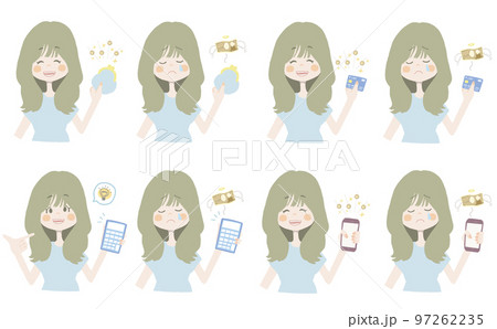 【お金イラスト/お財布、カード、電卓、スマホを持っている女の子】表情とポーズのバリエーションセット 97262235